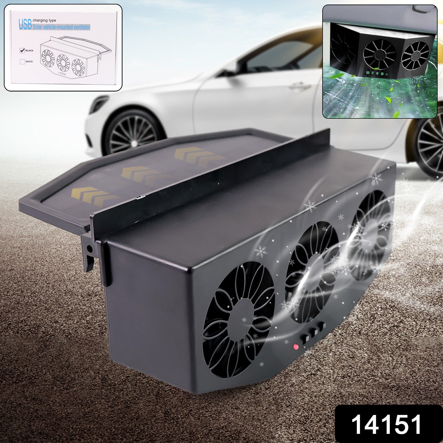 Triple Fan Solar Powered Car Exhaust Ventilation System with USB Charging Triple Fan Solar Powered Car Exhaust Ventilation System with USB Charging